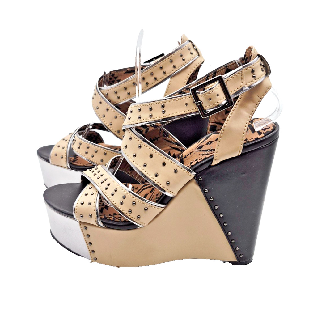 Jessica Simpson Platform Wedge Sandals Studded Straps Women's Size 6.5B Beige